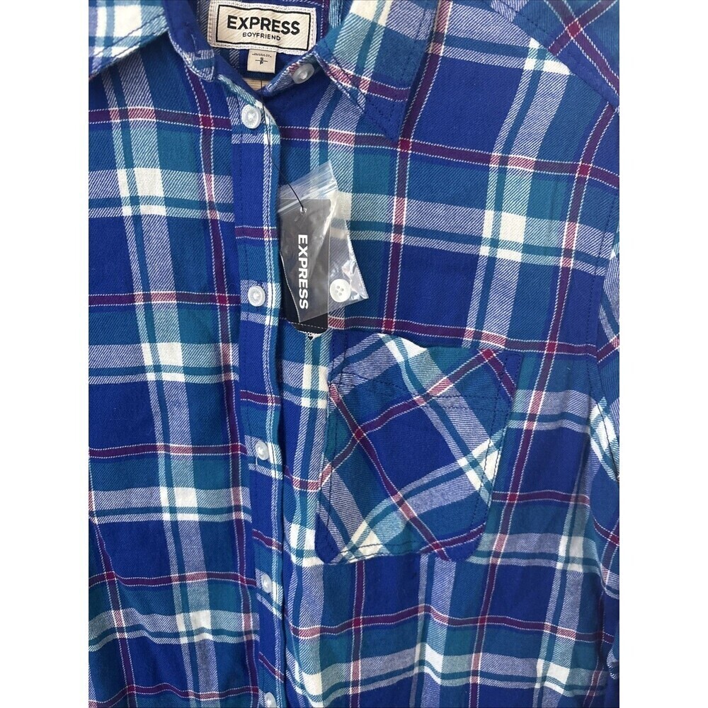 Express Women’s S Plaid Boyfriend Flannel Blue Purple Button Down NWT - Picture 4 of 6